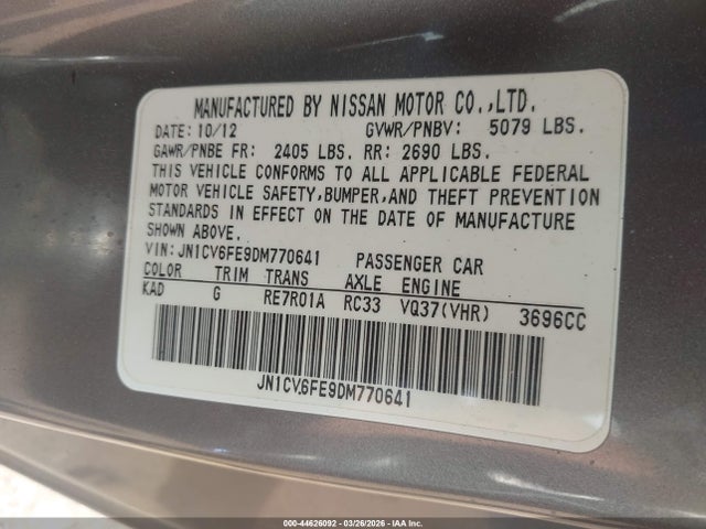 44626092 :رقم المزاد ، JN1CV6FE9DM770641 vin ، 2013 Infiniti G37 مزاد بيع