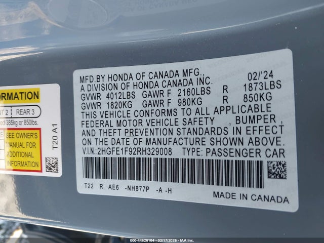 Honda Civic Touring 2024 2HGFE1F92RH329008 Image 9
