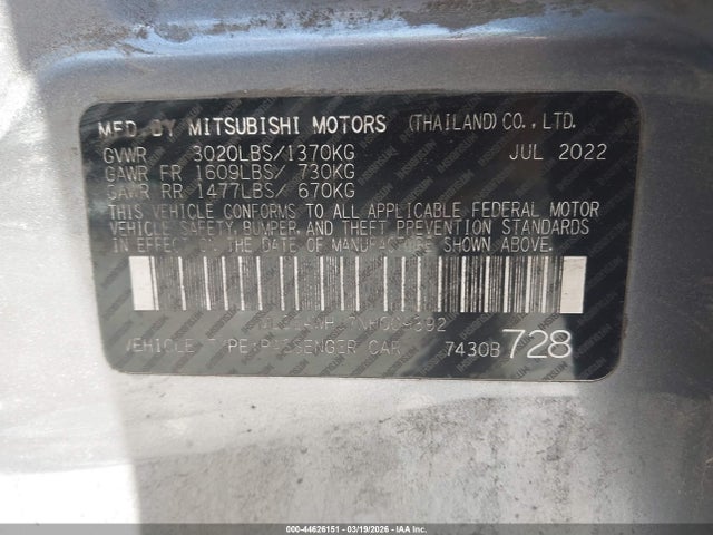 Aukcja sprzedaży 2022 Mitsubishi Mirage Black Edition/se, vin: ML32AWHJ7NH009392, numer aukcji: 44626151