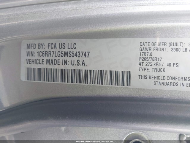 2021 Ram 1500 Classic Slt  4x4 5'7 Box მანქანა იყიდება აუქციონზე, vin: 1C6RR7LG5MS543747, აუქციონის ნომერი: 44626166