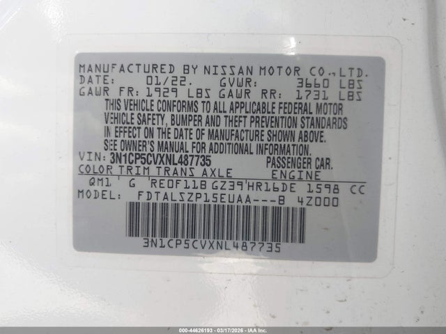 3N1CP5CVXNL487735 Nissan Kicks Sv Xtronic Cvt
