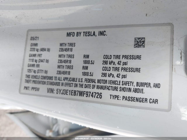 2021 Tesla Model 3 Long Range Dual Motor All-wheel Drive მანქანა იყიდება აუქციონზე, vin: 5YJ3E1EB7MF974726, აუქციონის ნომერი: 44626197
