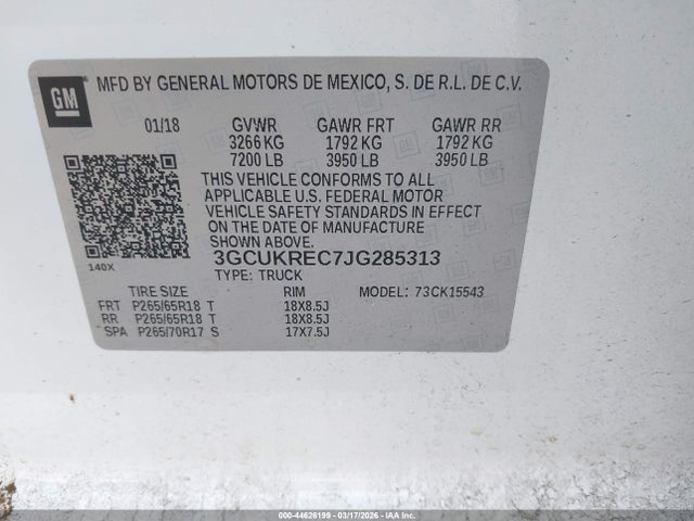 Aukcja sprzedaży 2018 Chevrolet Silverado 1500 2lt, vin: 3GCUKREC7JG285313, numer aukcji: 44626199