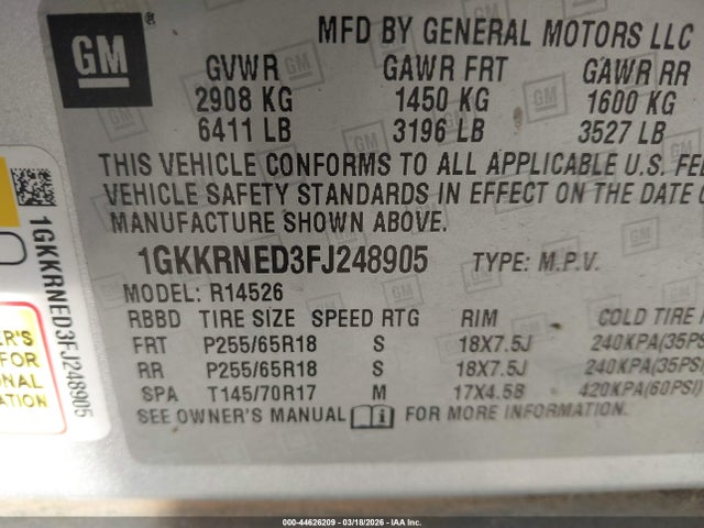 2015 Gmc Acadia Sle-1 მანქანა იყიდება აუქციონზე, vin: 1GKKRNED3FJ248905, აუქციონის ნომერი: 44626209