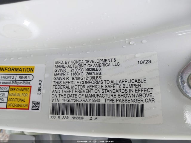 2024 Honda Accord Hybrid Sport მანქანა იყიდება აუქციონზე, vin: 1HGCY2F5XRA015540, აუქციონის ნომერი: 44626217