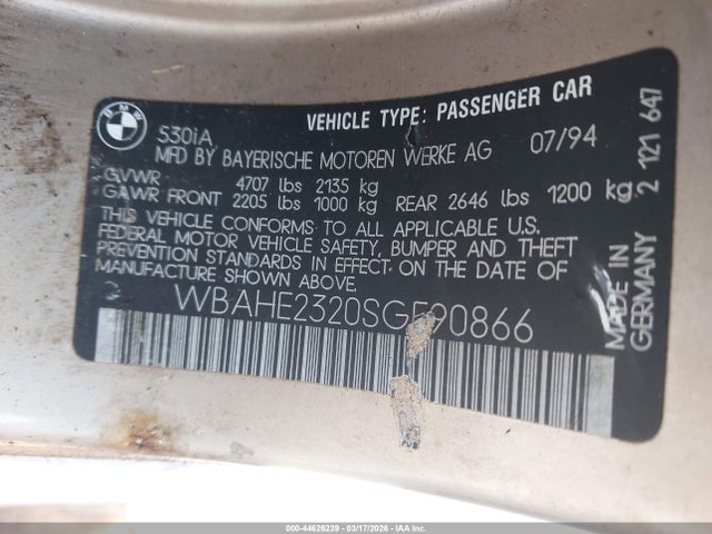 44626239 :رقم المزاد ، WBAHE2320SGE90866 vin ، 1995 Bmw 530 I Automatic مزاد بيع