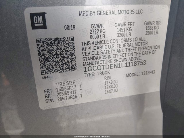 Продаж на аукціоні авто 2020 Chevrolet Colorado 4wd  Short Box Z71, vin: 1GCGTDEN1L1118753, номер лоту: 44626245