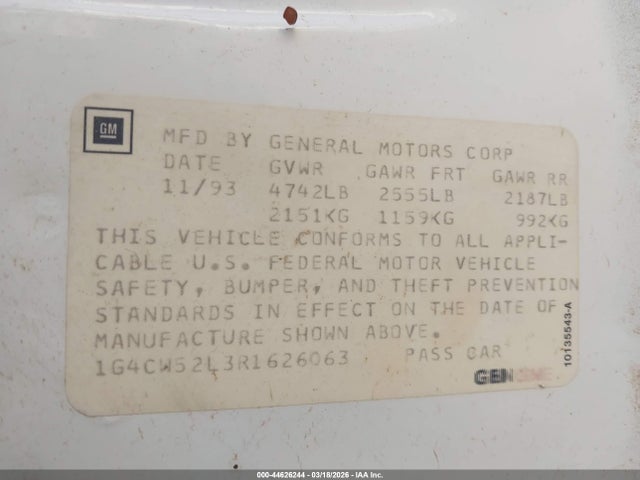 44626244 :رقم المزاد ، 1G4CW52L3R1626063 vin ، 1994 Buick Park Avenue مزاد بيع
