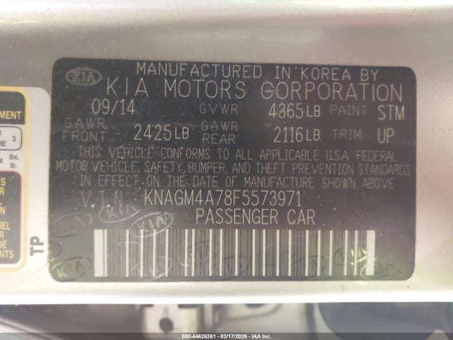 44626261 :رقم المزاد ، KNAGM4A78F5573971 vin ، 2015 Kia Optima Lx مزاد بيع
