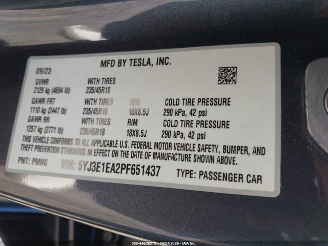 Aukcja sprzedaży 2023 Tesla Model 3 Rear-wheel Drive, vin: 5YJ3E1EA2PF651437, numer aukcji: 44626272