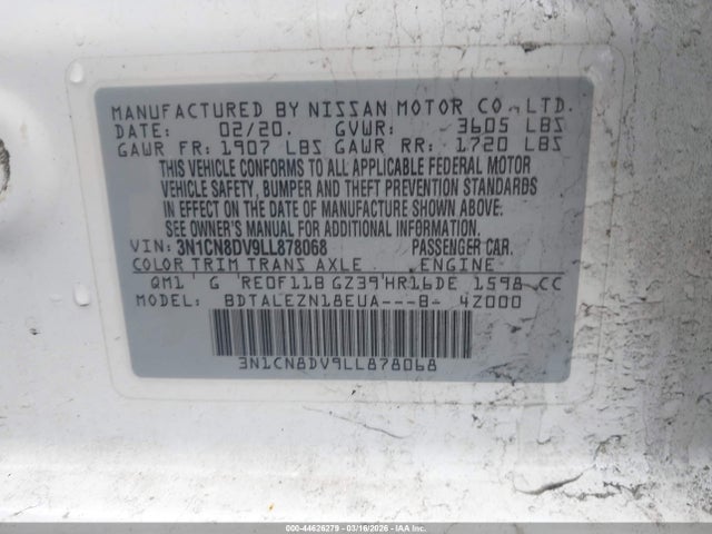 Продажа на аукционе авто 2020 Nissan Versa S Xtronic Cvt, vin: 3N1CN8DV9LL878068, номер лота: 44626279