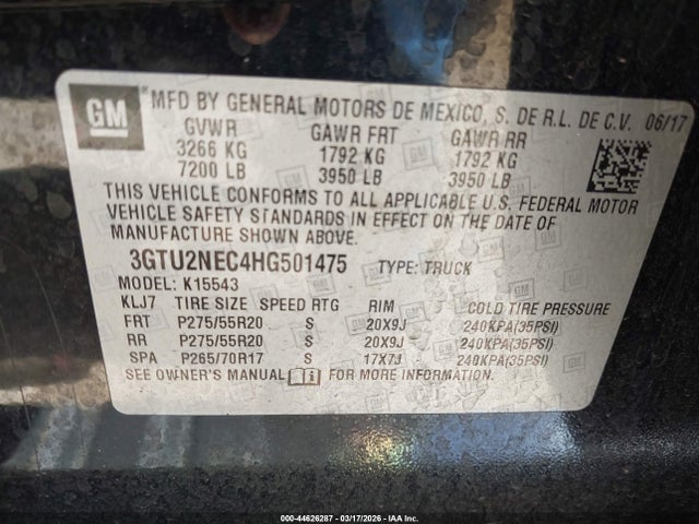 Продаж на аукціоні авто 2017 Gmc Sierra 1500 Slt, vin: 3GTU2NEC4HG501475, номер лоту: 44626287