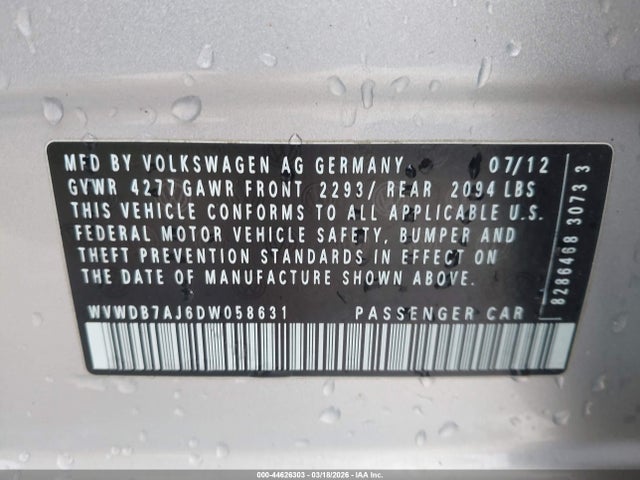 44626303 :رقم المزاد ، WVWDB7AJ6DW058631 vin ، 2013 Volkswagen Golf 2.5l 4-door مزاد بيع