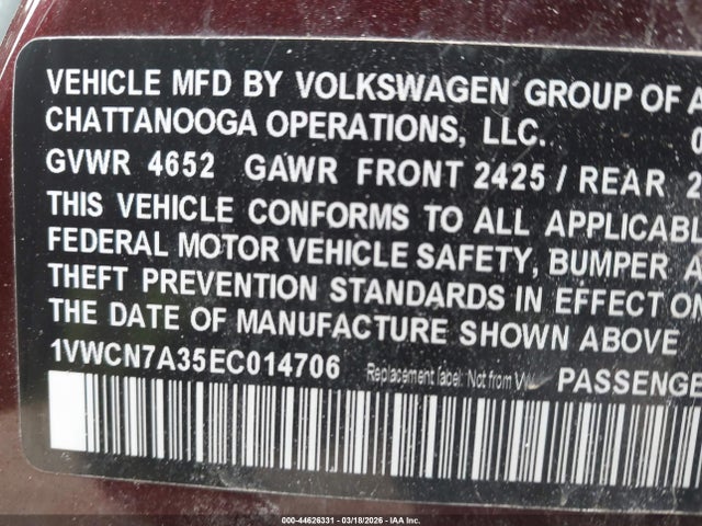 Aukcja sprzedaży 2014 Volkswagen Passat 2.0l Tdi Sel Premium, vin: 1VWCN7A35EC014706, numer aukcji: 44626331