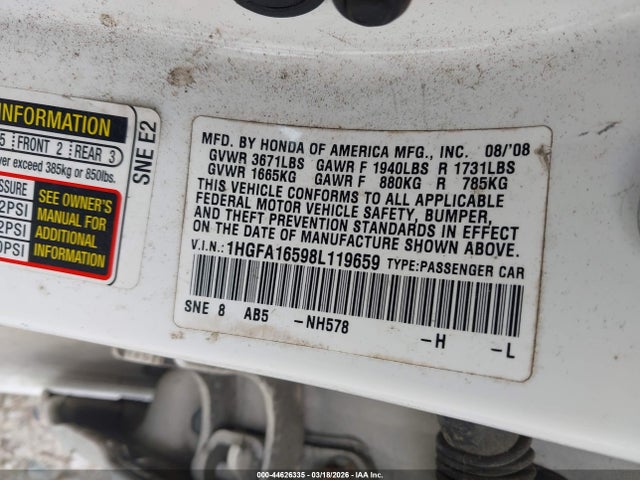 44626335 :رقم المزاد ، 1HGFA16598L119659 vin ، 2008 Honda Civic Lx مزاد بيع