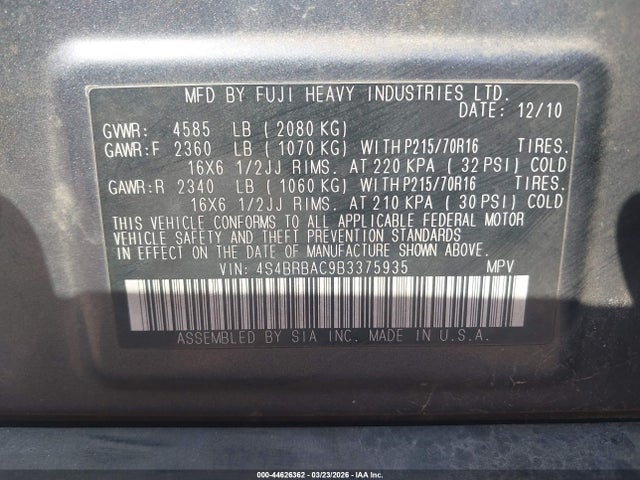 Продаж на аукціоні авто 2011 Subaru Outback 2.5i, vin: 4S4BRBAC9B3375935, номер лоту: 44626362