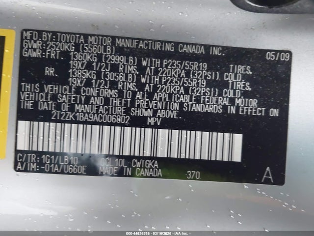 44626366 :رقم المزاد ، 2T2ZK1BA9AC006802 vin ، 2010 Lexus Rx 350 مزاد بيع