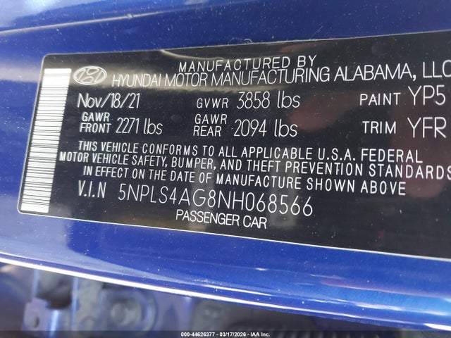 Aukcja sprzedaży 2022 Hyundai Elantra Sel, vin: 5NPLS4AG8NH068566, numer aukcji: 44626377