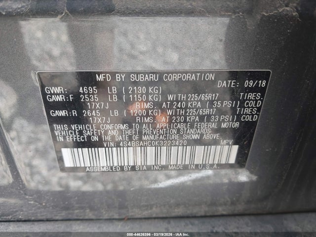 2019 Subaru Outback 2.5i Premium მანქანა იყიდება აუქციონზე, vin: 4S4BSAHC0K3223420, აუქციონის ნომერი: 44626396