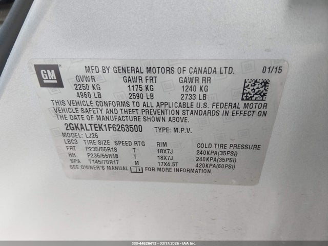 Продаж на аукціоні авто 2015 Gmc Terrain Slt-2, vin: 2GKALTEK1F6263500, номер лоту: 44626413