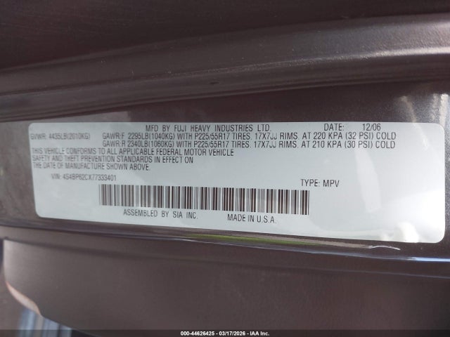 Продаж на аукціоні авто 2007 Subaru Outback 2.5i Limited, vin: 4S4BP62CX77333401, номер лоту: 44626425