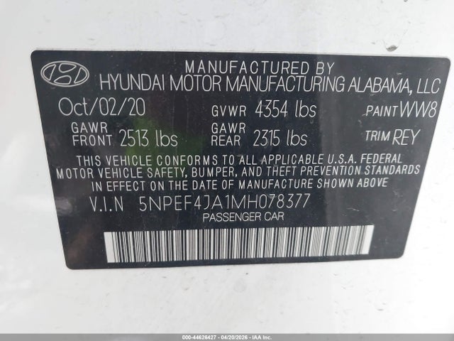 Aukcja sprzedaży 2021 Hyundai Sonata Sel, vin: 5NPEF4JA1MH078377, numer aukcji: 44626427
