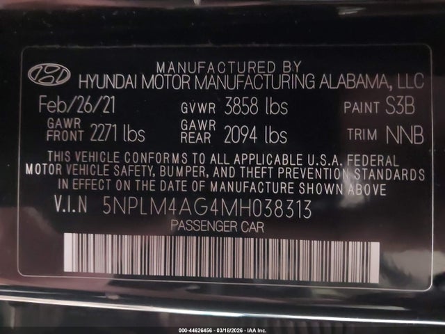 Aukcja sprzedaży 2021 Hyundai Elantra Sel, vin: 5NPLM4AG4MH038313, numer aukcji: 44626456