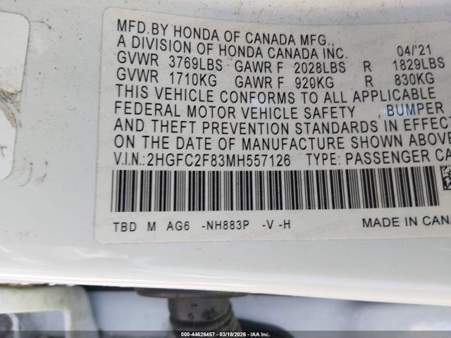 2021 HONDA CIVIC 2HGFC2F83MH557126 Photo 8