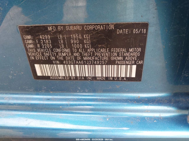 Продажа на аукционе авто 2018 Subaru Impreza 2.0i, vin: 4S3GTAA61J3749257, номер лота: 44626486