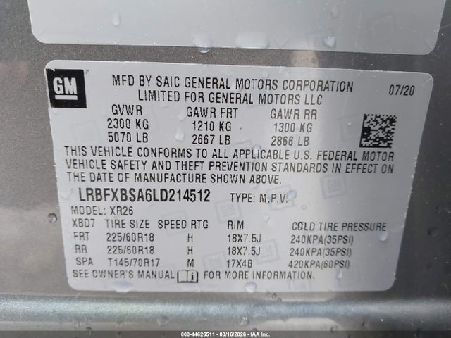 Aukcja sprzedaży 2020 Buick Envision Fwd Preferred, vin: LRBFXBSA6LD214512, numer aukcji: 44626511