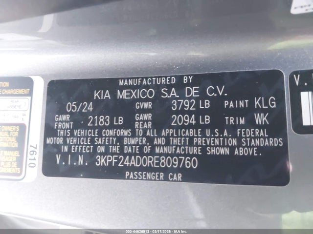 44626513 :رقم المزاد ، 3KPF24AD0RE809760 vin ، 2024 Kia Forte Lxs مزاد بيع