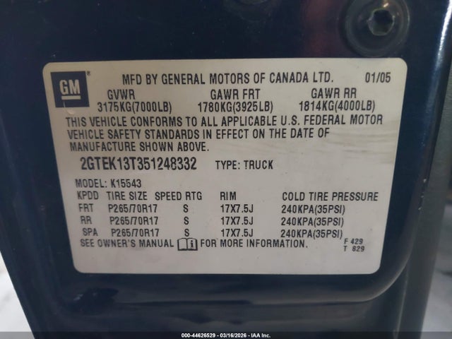 Aukcja sprzedaży 2005 Gmc Sierra 1500 Sle, vin: 2GTEK13T351248332, numer aukcji: 44626529