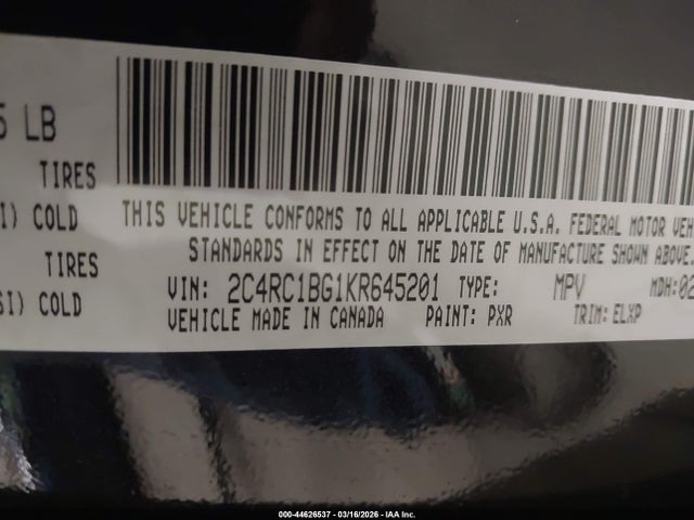 Продажа на аукционе авто 2019 Chrysler Pacifica Touring L, vin: 2C4RC1BG1KR645201, номер лота: 44626537