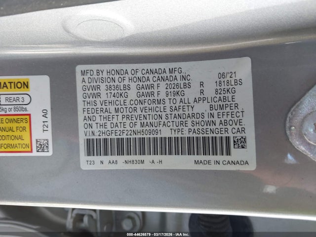 44626579 :رقم المزاد ، 2HGFE2F22NH509091 vin ، 2022 Honda Civic Lx مزاد بيع