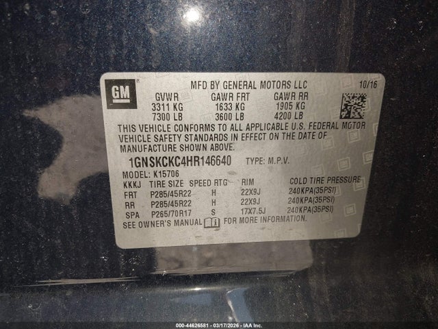 2017 Chevrolet Tahoe Premier მანქანა იყიდება აუქციონზე, vin: 1GNSKCKC4HR146640, აუქციონის ნომერი: 44626581