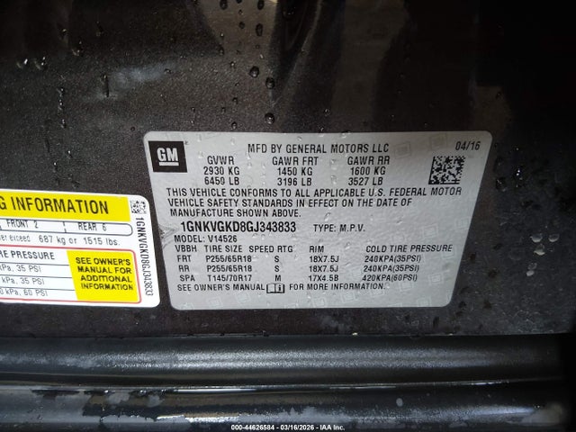 1GNKVGKD8GJ343833 Chevrolet Traverse 1lt
