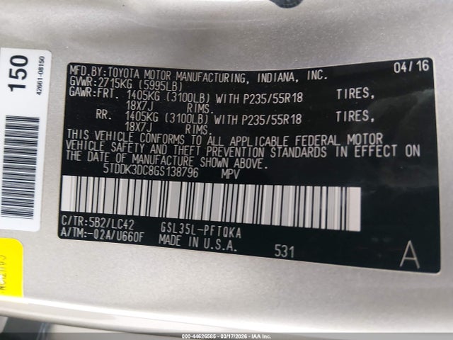 Продажа на аукционе авто 2016 Toyota Sienna Xle 7 Passenger, vin: 5TDDK3DC8GS138796, номер лота: 44626585