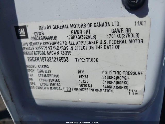 44626601 :رقم المزاد ، 2GCEK19T321216953 vin ، 2002 Chevrolet Silverado 1500 Ls مزاد بيع