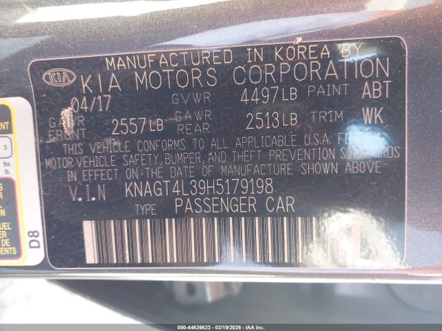 Продаж на аукціоні авто 2017 Kia Optima Lx, vin: KNAGT4L39H5179198, номер лоту: 44626622