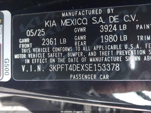 44626658 :رقم المزاد ، 3KPFT4DEXSE153378 vin ، 2025 Kia K4 Lxs مزاد بيع