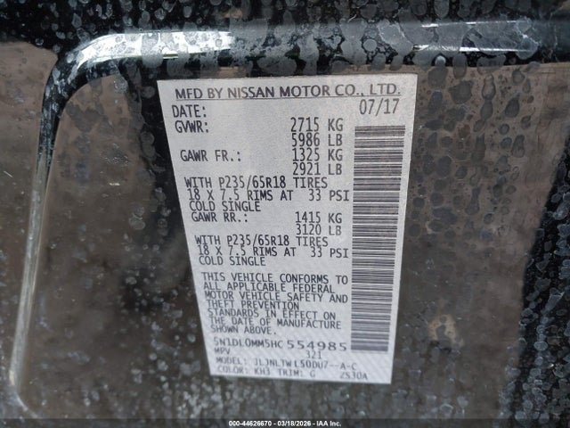Aukcja sprzedaży 2017 Infiniti Qx60, vin: 5N1DL0MM5HC554985, numer aukcji: 44626670
