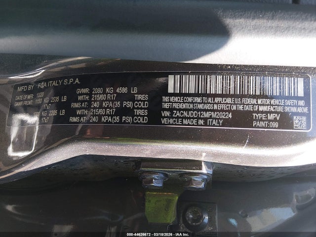2021 Jeep Renegade Limited 4x4 მანქანა იყიდება აუქციონზე, vin: ZACNJDD12MPM20224, აუქციონის ნომერი: 44626672