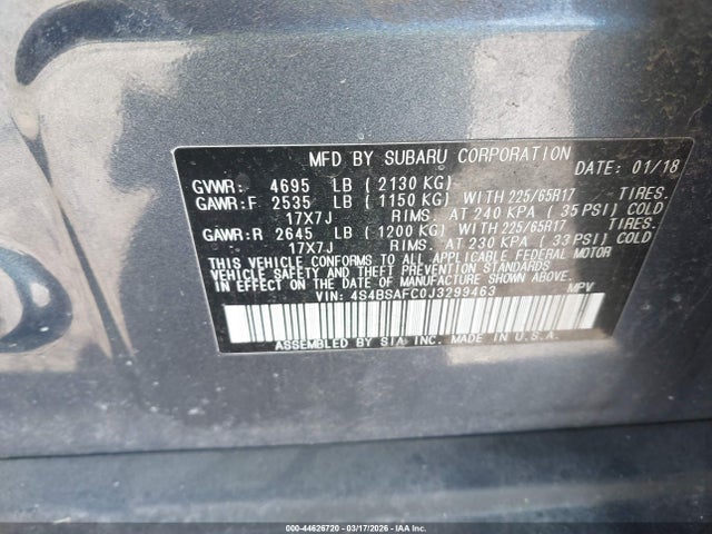 Aukcja sprzedaży 2018 Subaru Outback 2.5i Premium, vin: 4S4BSAFC0J3299463, numer aukcji: 44626720