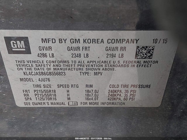 44626722 :رقم المزاد ، KL4CJASB6GB556823 vin ، 2016 Buick Encore مزاد بيع