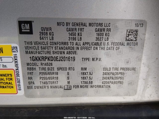 Aukcja sprzedaży 2014 Gmc Acadia Sle-2, vin: 1GKKRPKD0EJ201619, numer aukcji: 44626735