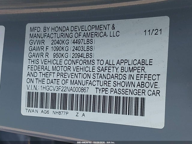 Продаж на аукціоні авто 2022 Honda Accord Hybrid Sport, vin: 1HGCV3F22NA000867, номер лоту: 44626752