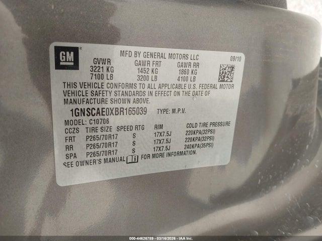 2011 Chevrolet Tahoe Ls მანქანა იყიდება აუქციონზე, vin: 1GNSCAE0XBR165039, აუქციონის ნომერი: 44626789