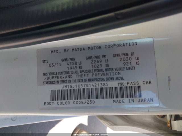 44626794 :رقم المزاد ، JM1GJ1U57G1421385 vin ، 2016 Mazda Mazda6 I Sport مزاد بيع