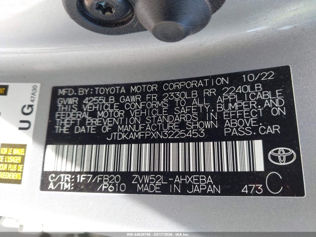 Aukcja sprzedaży 2022 Toyota Prius Prime Le, vin: JTDKAMFPXN3225453, numer aukcji: 44626798
