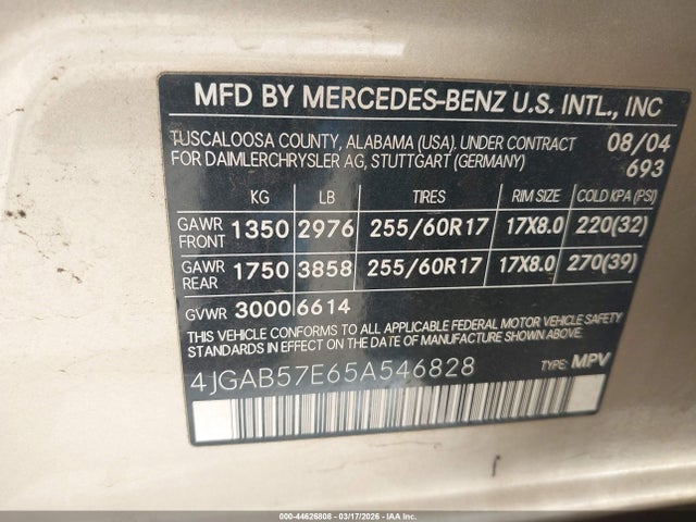 2005 Mercedes-benz Ml 350 4matic მანქანა იყიდება აუქციონზე, vin: 4JGAB57E65A546828, აუქციონის ნომერი: 44626808